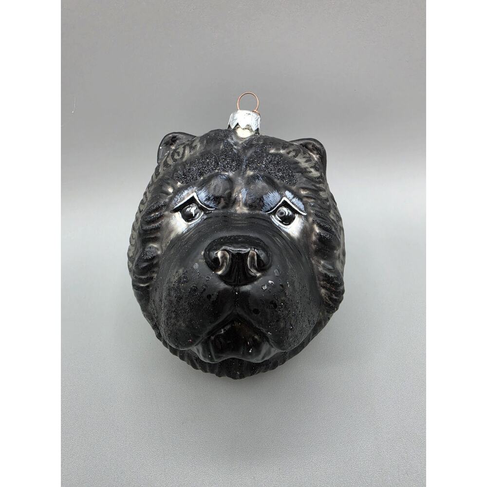 Slavic Treasures Black Dog Head Ornament Chow Bear? Blown Glass Poland